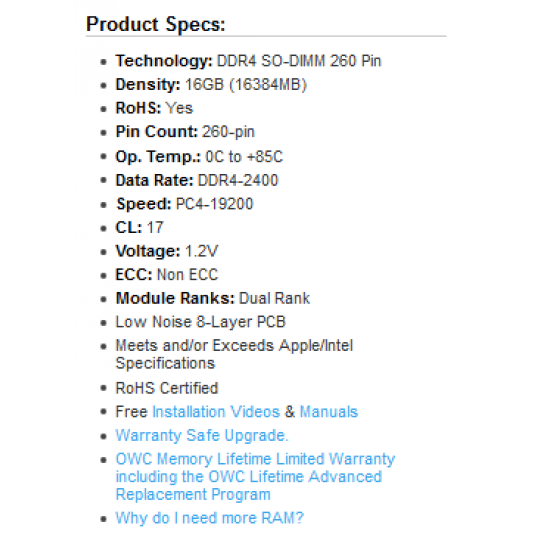 OWC 16GB Memory - 16GB 2400MHZ DDR4 SO-DIMM PC4-19200