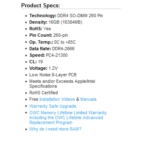 OWC 16GB - 16GB 2666MHZ DDR4 SO-DIMM PC4-21300